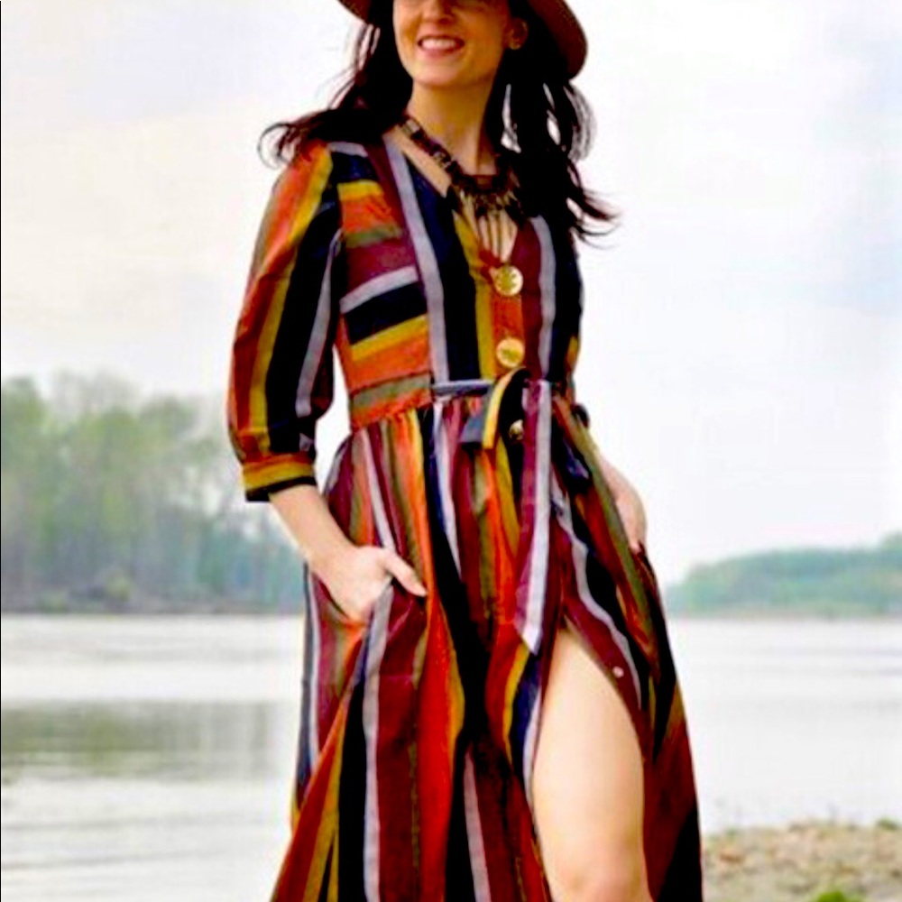 Multi-Stripe Drawstring Waist Button Midi Dress